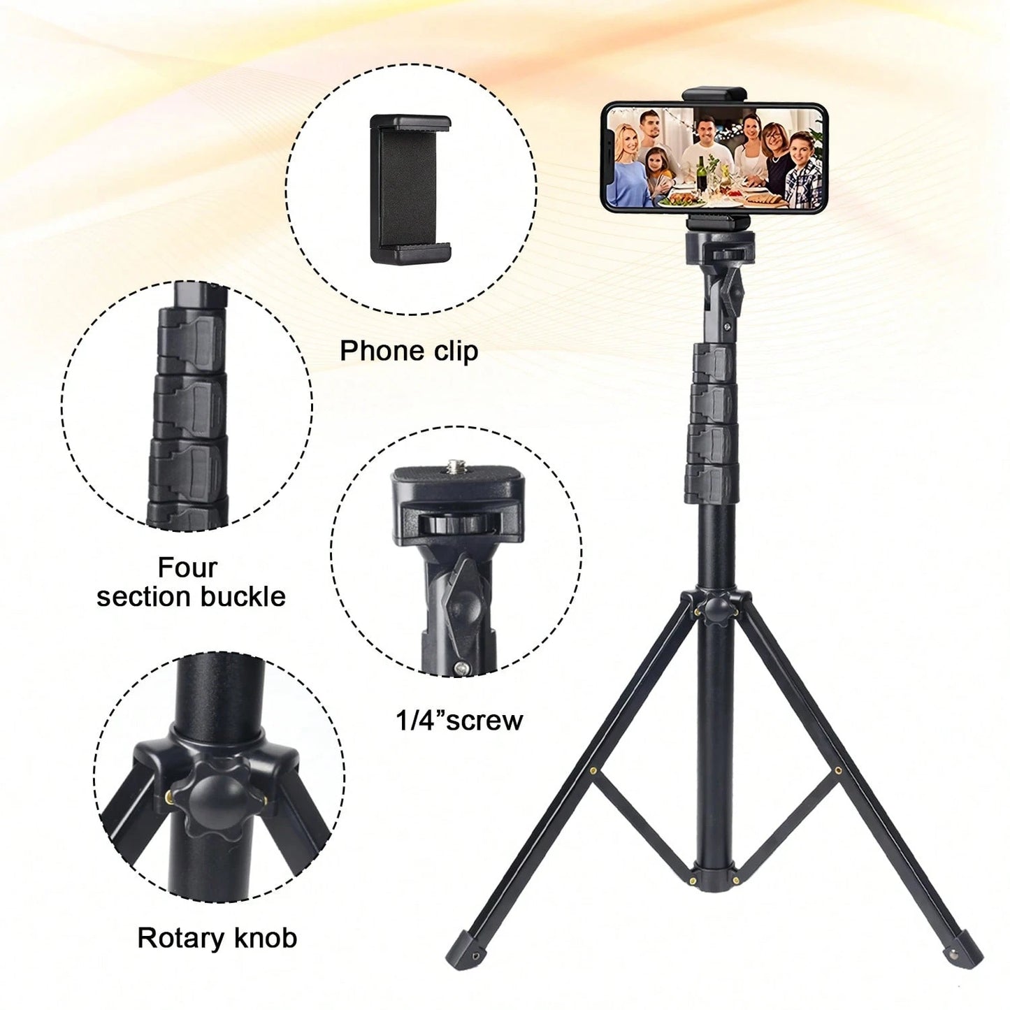 360 ° Rotating Camera Stand, Outdoor Selfie Tripod, Buckle Type 145cm Telescopic Stand With Phone Clip, Floor Portable Tripod