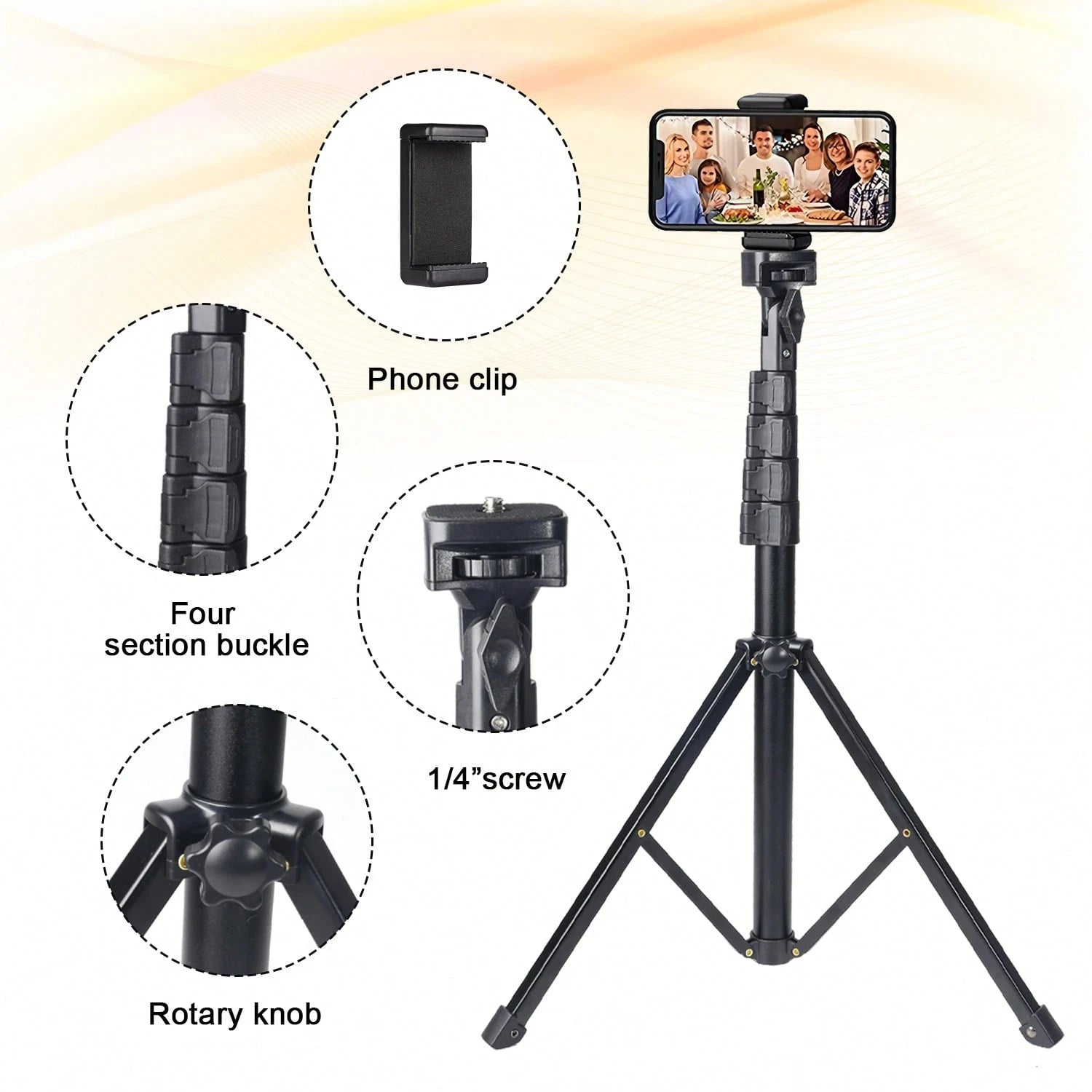 360 ° Rotating Camera Stand, Outdoor Selfie Tripod, Buckle Type 145cm Telescopic Stand With Phone Clip, Floor Portable Tripod