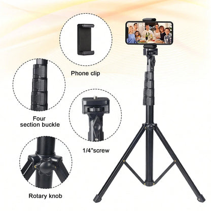 360 ° Rotating Camera Stand, Outdoor Selfie Tripod, Buckle Type 145cm Telescopic Stand With Phone Clip, Floor Portable Tripod
