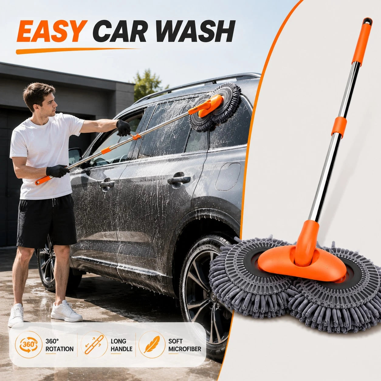 360° Rotating Car Wash Brush, Extendable Long Handle Dual Head Cleaning Mop With High Density Chenille Microfiber, Soft Scratch-Free Vehicle Washer Tool For SUV Truck RV Windshield Window, Portable Au