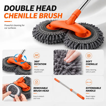 360° Rotating Car Wash Brush, Extendable Long Handle Dual Head Cleaning Mop With High Density Chenille Microfiber, Soft Scratch-Free Vehicle Washer Tool For SUV Truck RV Windshield Window, Portable Au