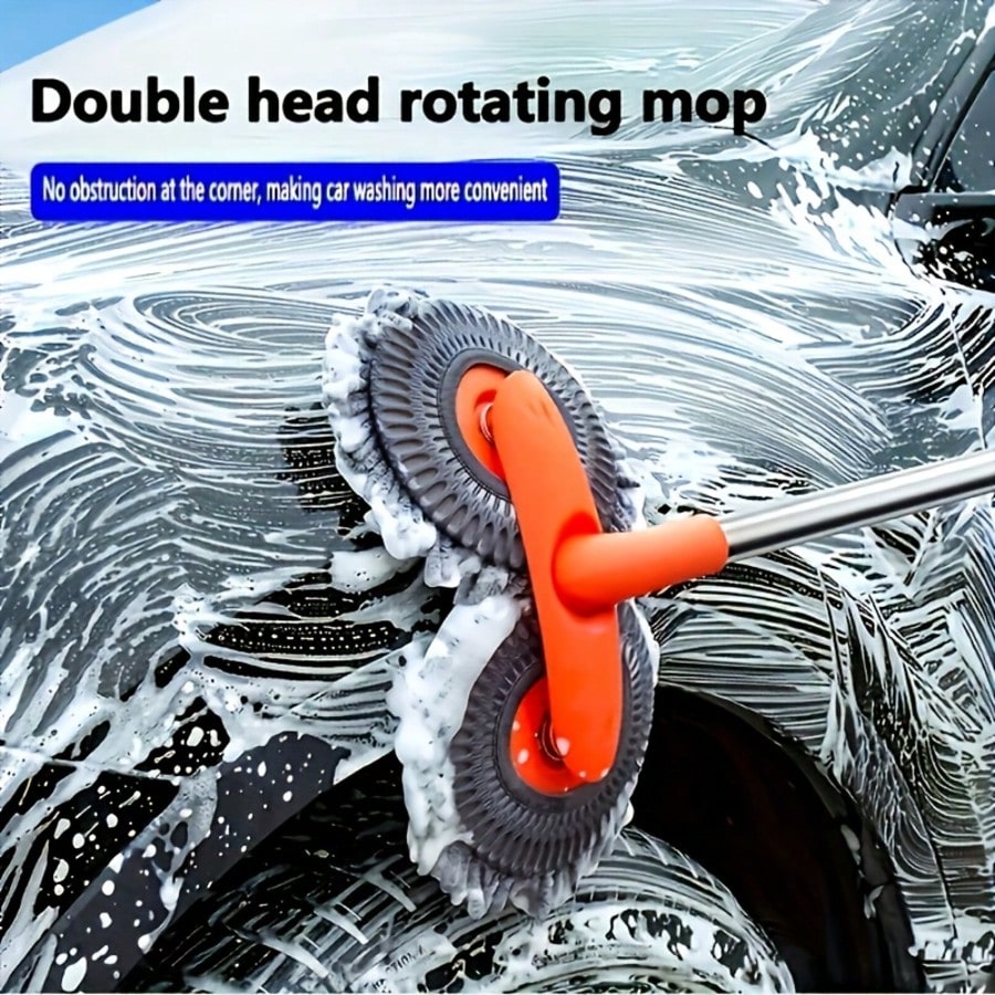 360° Rotating Car Wash Brush, Extendable Long Handle Dual Head Cleaning Mop With High Density Chenille Microfiber, Soft Scratch-Free Vehicle Washer Tool For SUV Truck RV Windshield Window, Portable Au