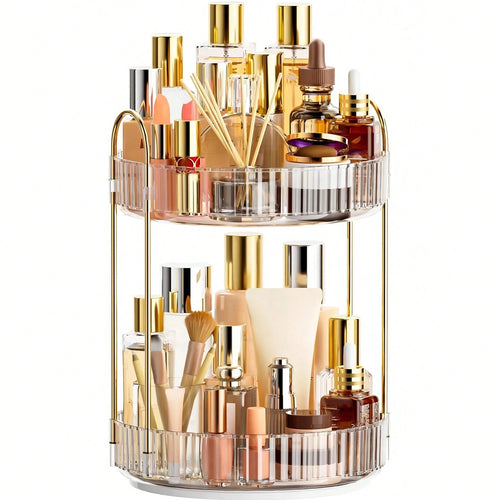 360° Rotating Makeup Organizer, 2 Tier Bathroom Counter Organizer,Large Capacity Perfume Cosmetics Skincare Vanity Organizers, Dresser Spinning Countertop Organizer And Storage For Women (Clear)