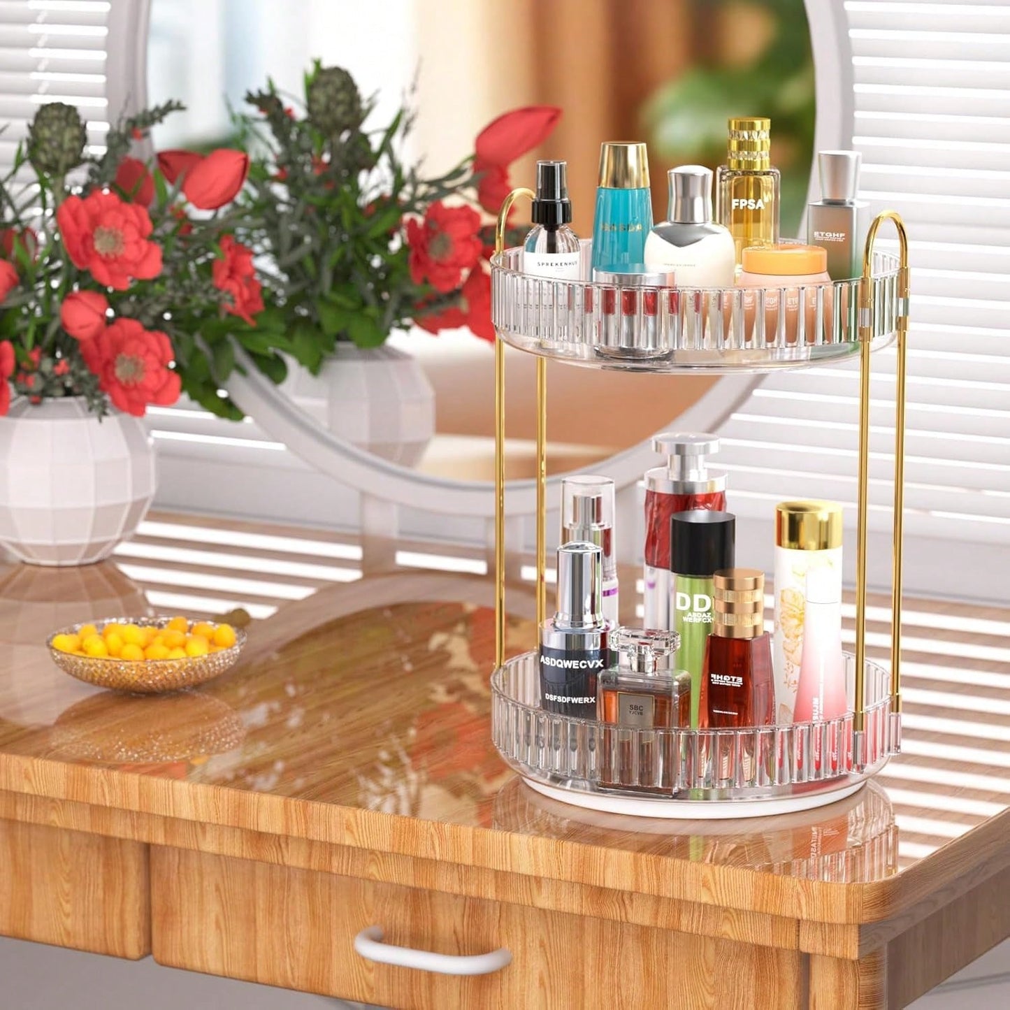 360° Rotating Makeup Organizer, 2 Tier Bathroom Counter Organizer,Large Capacity Perfume Cosmetics Skincare Vanity Organizers, Dresser Spinning Countertop Organizer And Storage For Women (Clear)