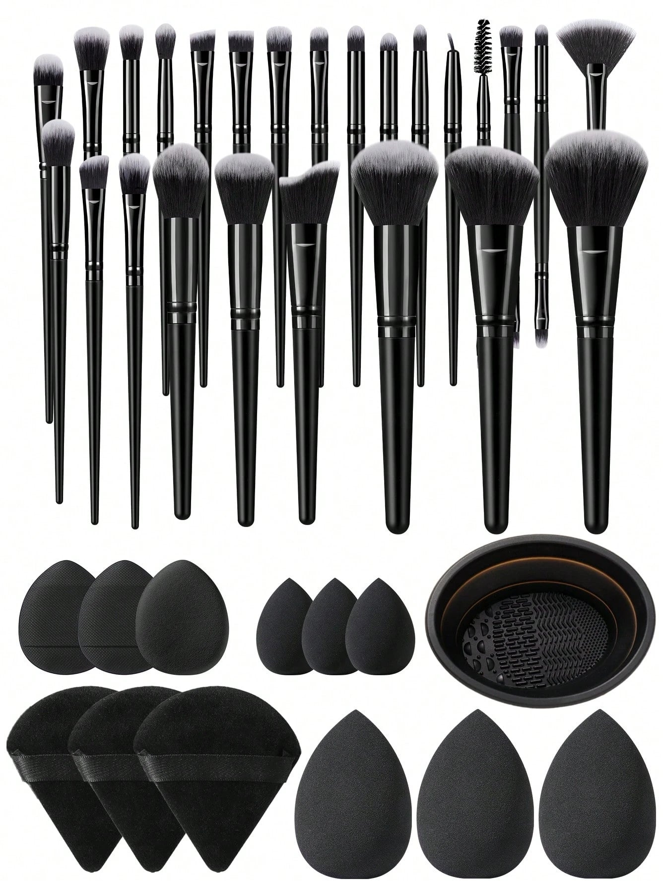 38pcs Makeup Brush Set, Including: 25pcs Makeup Brushes + 3pcs Makeup Sponges + 3pcs Mini Makeup Sponges + 3pcs Makeup Powder Puffs + 3pcs Mini Air Cushion Puffs + 1pc Makeup Brush Cleaning Tool