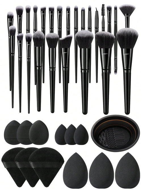 38pcs Makeup Brush Set, Including: 25pcs Makeup Brushes + 3pcs Makeup Sponges + 3pcs Mini Makeup Sponges + 3pcs Makeup Powder Puffs + 3pcs Mini Air Cushion Puffs + 1pc Makeup Brush Cleaning Tool