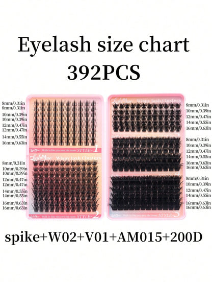 392 Clusters Spiky Eyelash Book, European & American Style, D/DD Curl, 8-16mm Mixed Length, Cluster Eyelash Set, DIY Free Shaping Of Eye Shape And Density, Quickly Create 3D Cat Eye Makeup, Save Makeu