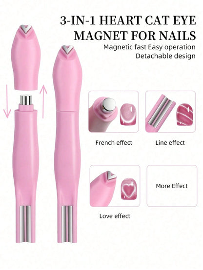 3D Heart Shape Nail Magnet 3 In 1 Cat Eye Effect Double Line Moon Snake Pattern UV Attraction Magnetic Stick For Manicure, Nail Supplies, Nail Tools, Nail Art Tools, Back To School, Nails, Clip-On Nai
