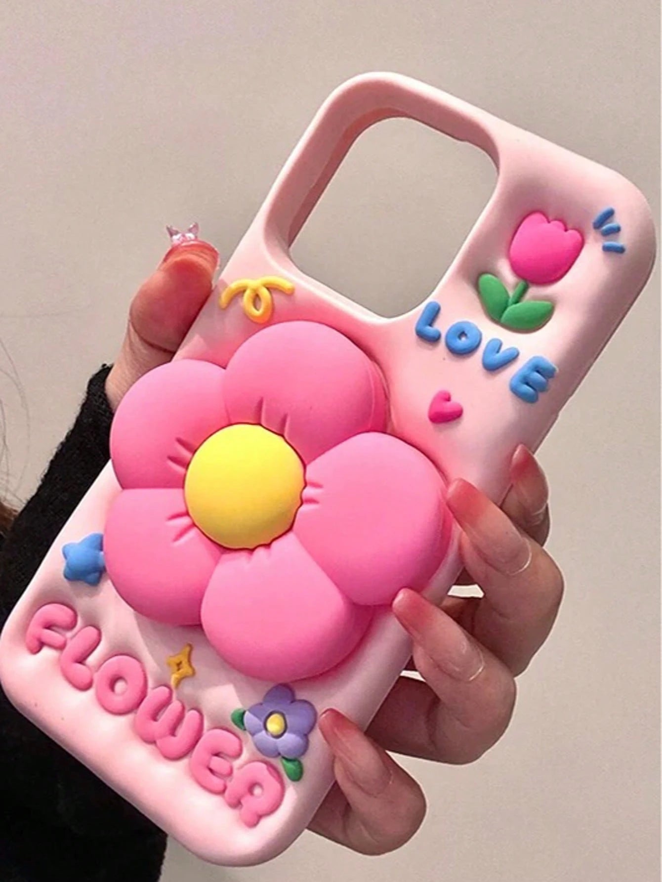 3D Silicone Cute Pink Floral Elements Flower Stand Retractable Phone Case Compatible With IPhone 16 Pro Max/15 Pro Max Cartoonish Creative Internet Celebrity Girly Anti-Drop Cover Spring Summer Waterp