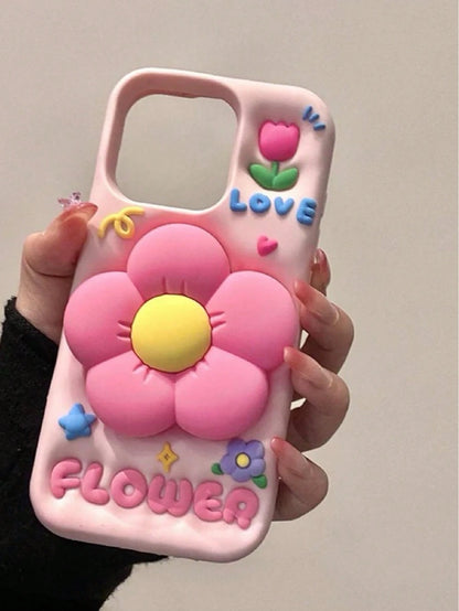 3D Silicone Cute Pink Floral Elements Flower Stand Retractable Phone Case Compatible With IPhone 16 Pro Max/15 Pro Max Cartoonish Creative Internet Celebrity Girly Anti-Drop Cover Spring Summer Waterp
