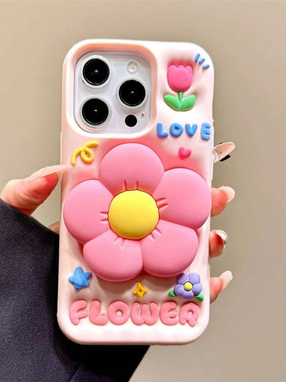 3D Silicone Cute Pink Floral Elements Flower Stand Retractable Phone Case Compatible With IPhone 16 Pro Max/15 Pro Max Cartoonish Creative Internet Celebrity Girly Anti-Drop Cover Spring Summer Waterp