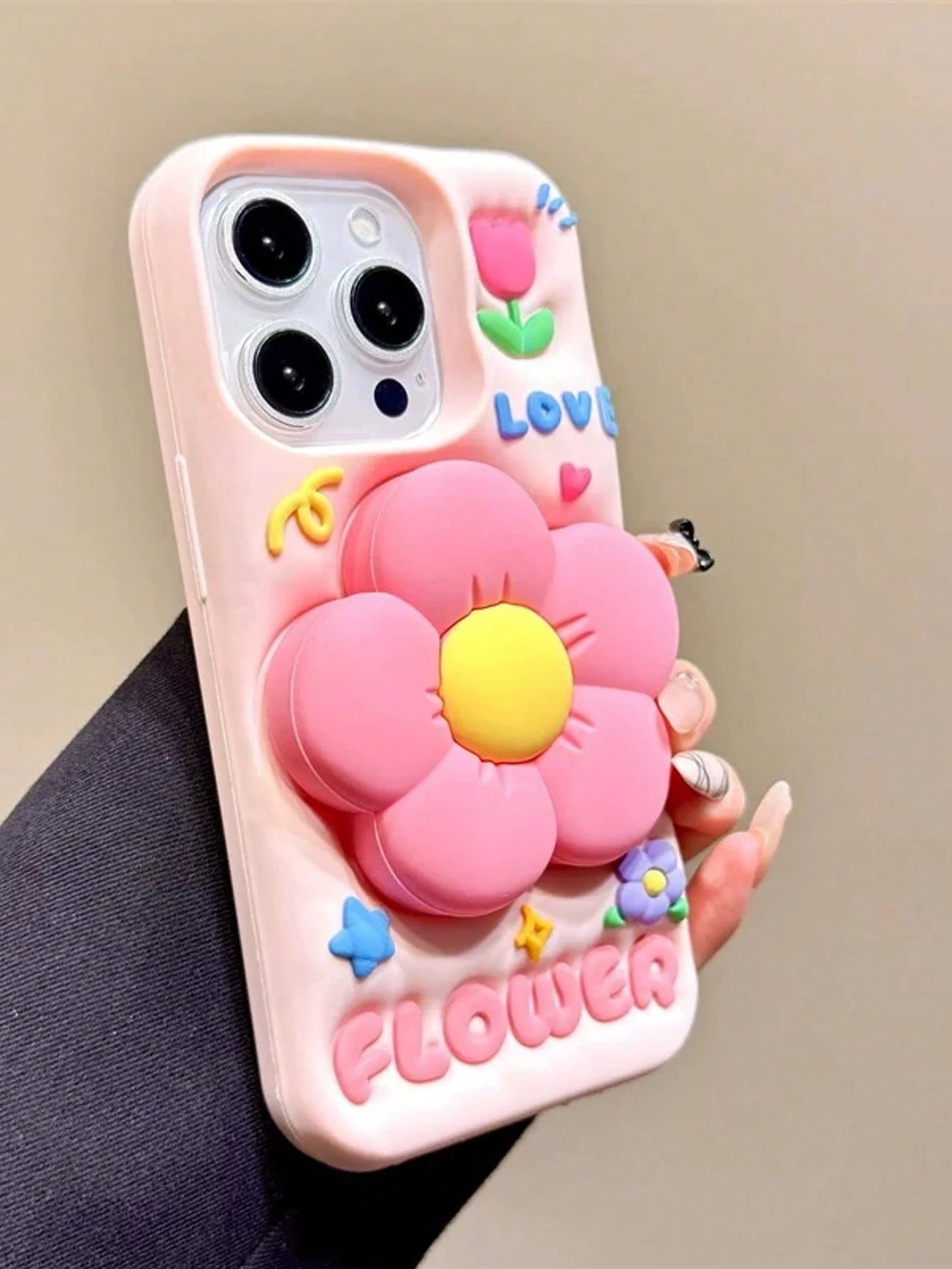 3D Silicone Cute Pink Floral Elements Flower Stand Retractable Phone Case Compatible With IPhone 16 Pro Max/15 Pro Max Cartoonish Creative Internet Celebrity Girly Anti-Drop Cover Spring Summer Waterp