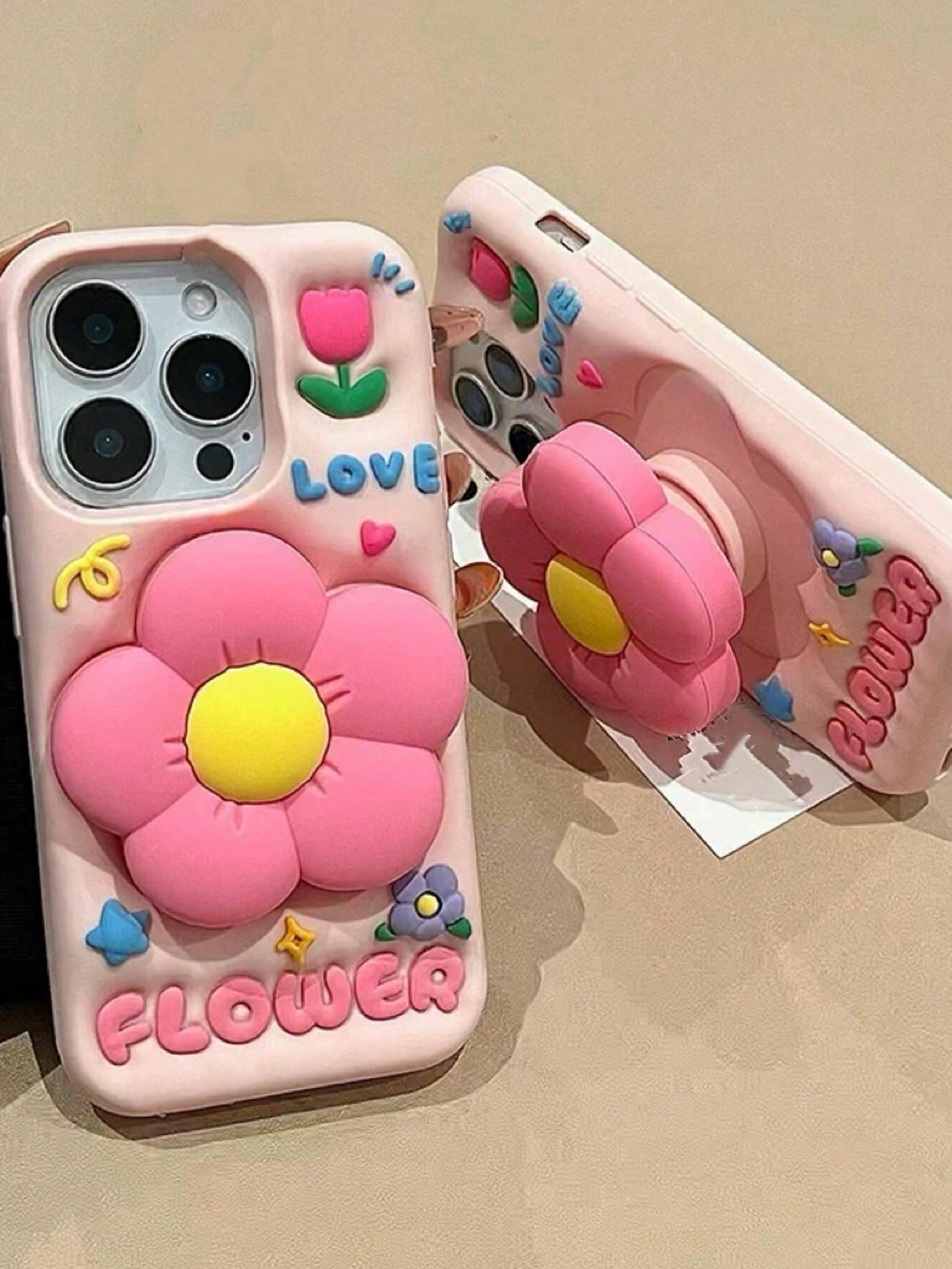 3D Silicone Cute Pink Floral Elements Flower Stand Retractable Phone Case Compatible With IPhone 16 Pro Max/15 Pro Max Cartoonish Creative Internet Celebrity Girly Anti-Drop Cover Spring Summer Waterp