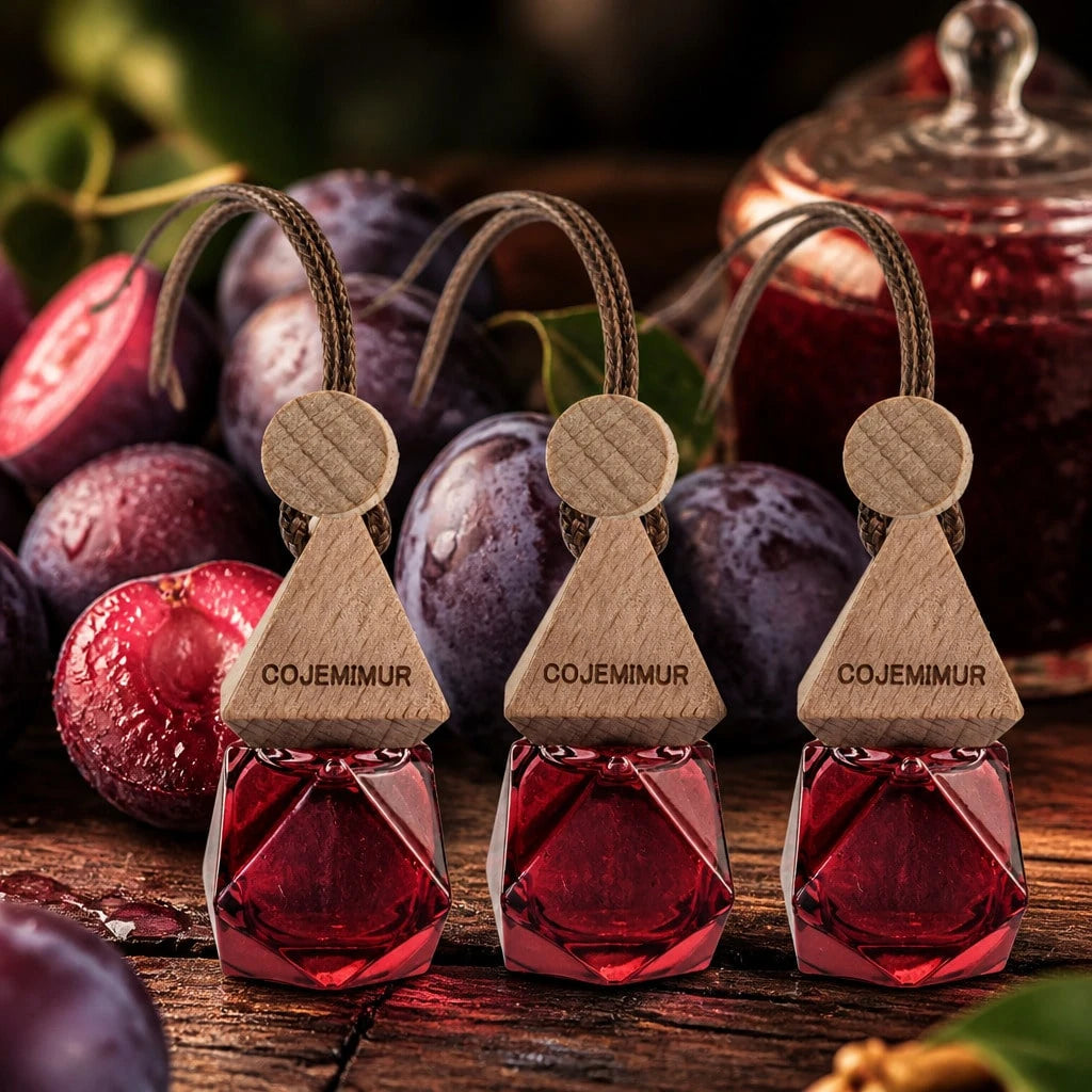 3pcs 10ml Aesthetic Hanging Car Air Freshener Set, Sweet Dark Plum Scent With Fruity Romantic Mood, Glass Bottle With Wooden Cap, Car Mirror Diffuser For Date Nights, Daily Commute, Closet & Bedroom