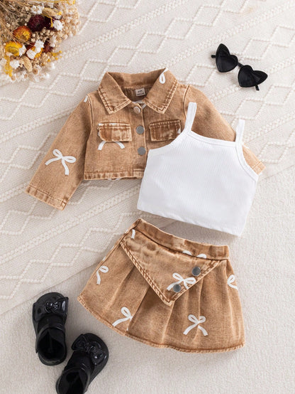 3pcs Baby Girl Autumn Cute Fashion Brown And White Polka Dot Denim Jacket With Printed Bow Matching Skirt And Camisole Top Set Matching Family Style