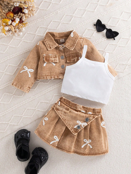 3pcs Baby Girl Autumn Cute Fashion Brown And White Polka Dot Denim Jacket With Printed Bow Matching Skirt And Camisole Top Set Matching Family Style