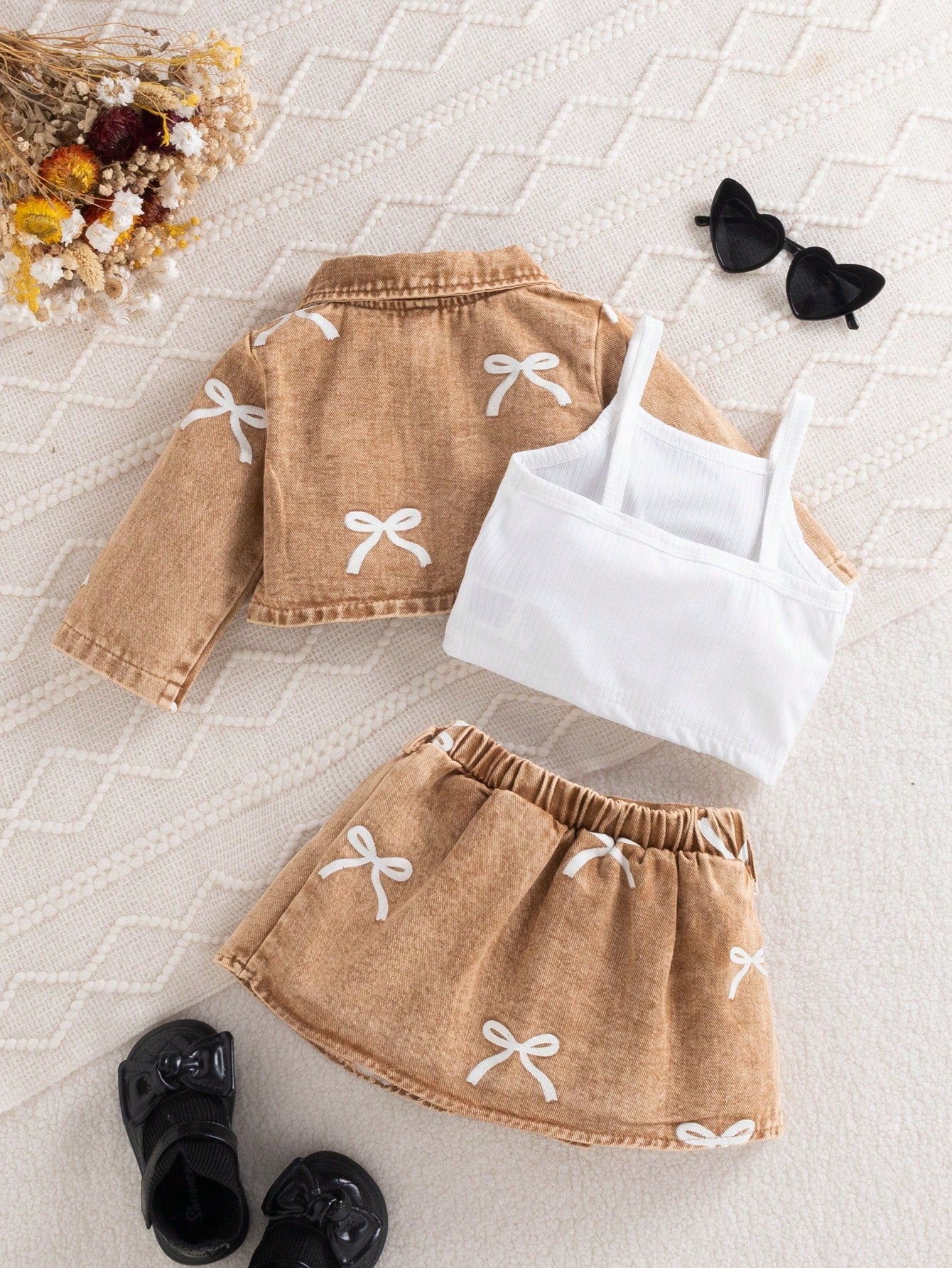 3pcs Baby Girl Autumn Cute Fashion Brown And White Polka Dot Denim Jacket With Printed Bow Matching Skirt And Camisole Top Set Matching Family Style