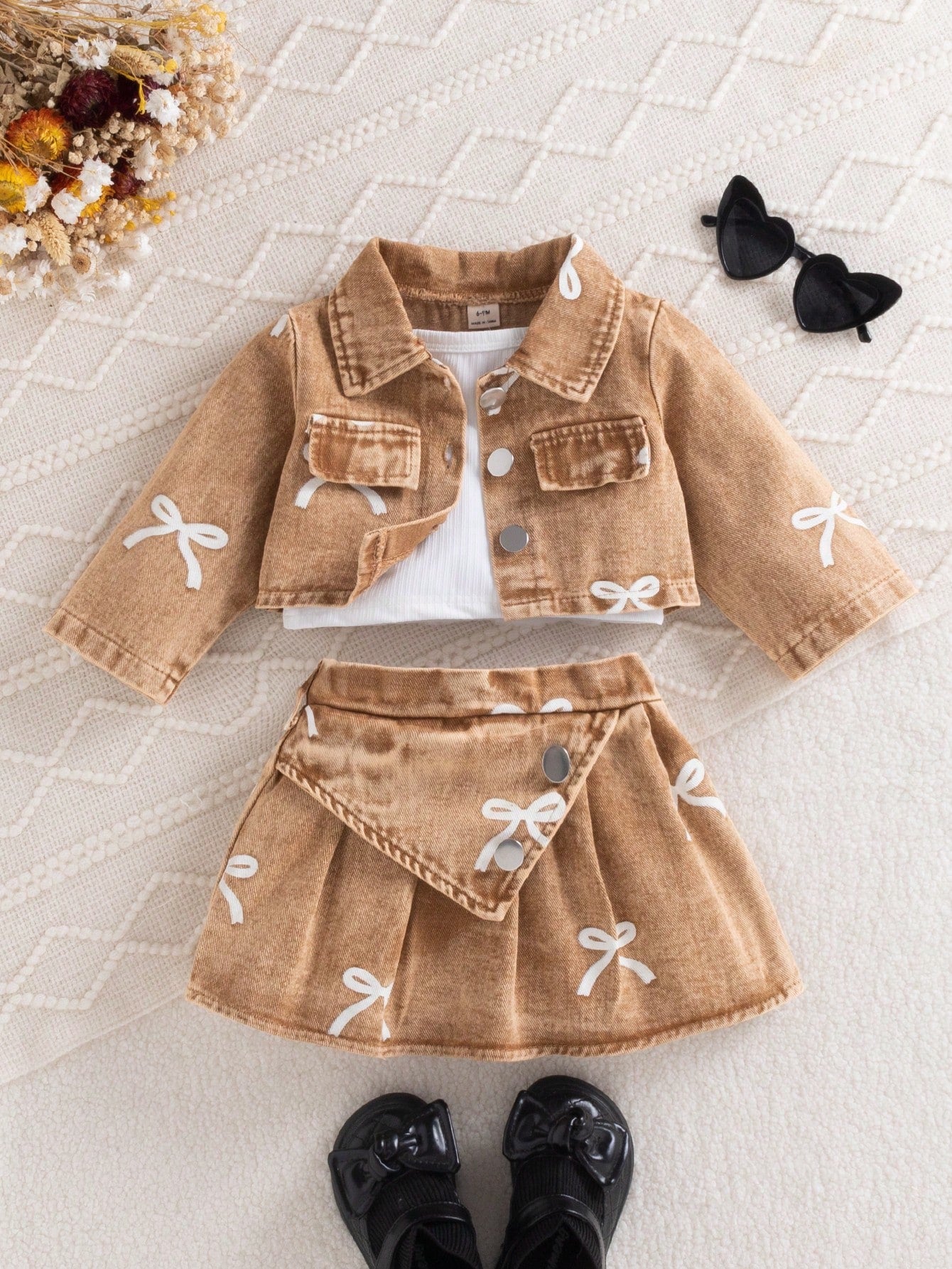 3pcs Baby Girl Autumn Cute Fashion Brown And White Polka Dot Denim Jacket With Printed Bow Matching Skirt And Camisole Top Set Matching Family Style
