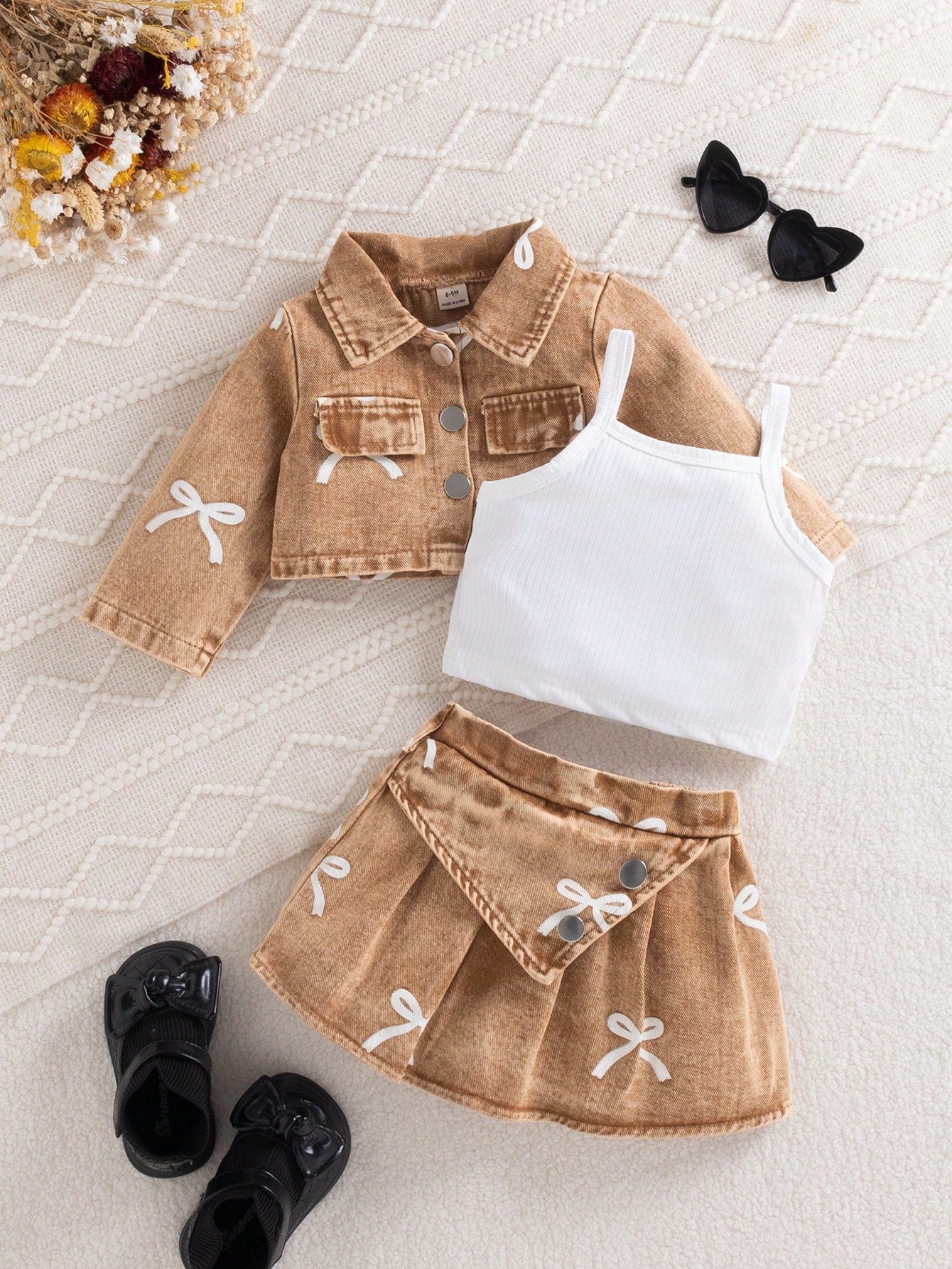3pcs Baby Girl Autumn Cute Fashion Brown And White Polka Dot Denim Jacket With Printed Bow Matching Skirt And Camisole Top Set Matching Family Style