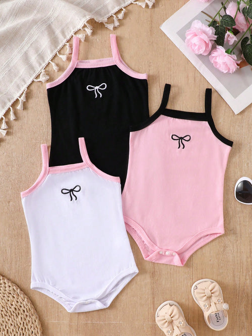 3pcs Baby Girls' Comfortable Versatile Minimalist Solid Color Knit Camisole Romper Set, Spring/Summer