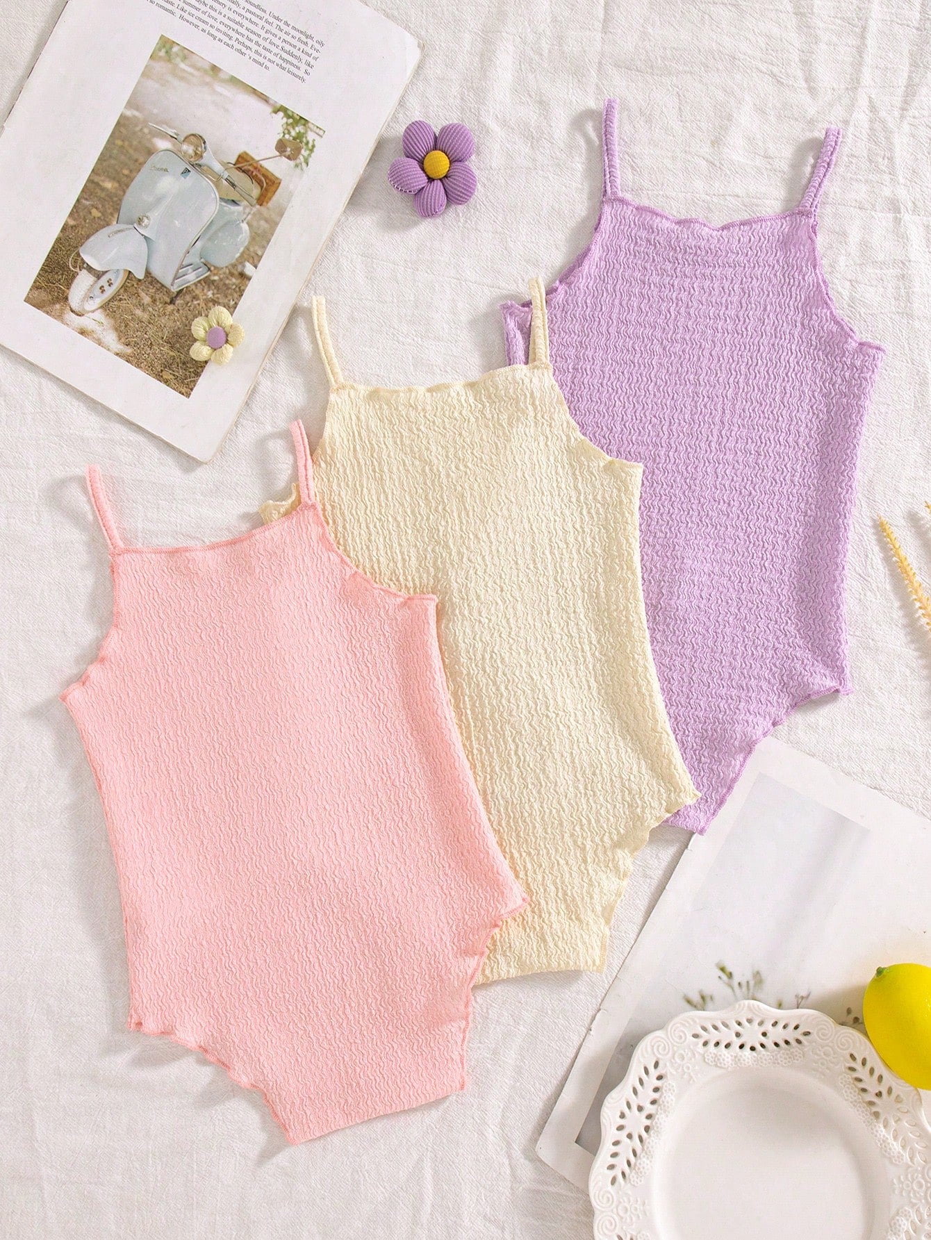 3pcs Baby Girls' Comfortable Versatile Minimalist Solid Color Knit Camisole Romper Set, Spring/Summer
