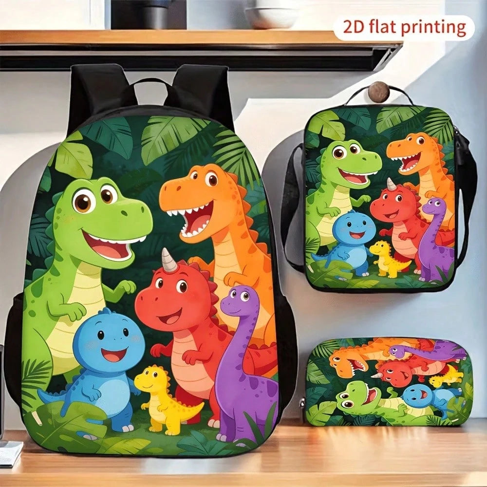 3pcs Backpack Set, Cute Cartoon Dinosaur Jungle Print, Includes Durable Large-Capacity Bookpack, Crossbody Bag & Multi-Functional Pencil Case, Adjustable Straps And Zipper Compartments