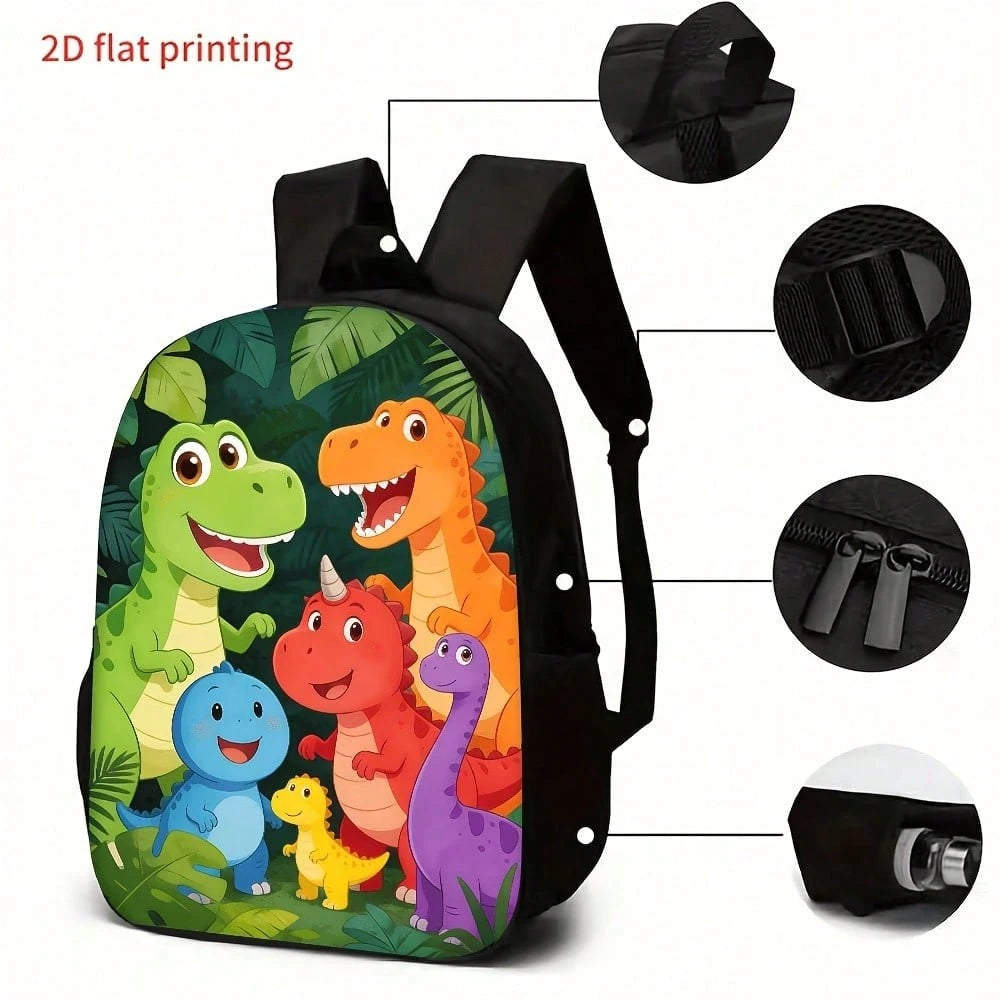 3pcs Backpack Set, Cute Cartoon Dinosaur Jungle Print, Includes Durable Large-Capacity Bookpack, Crossbody Bag & Multi-Functional Pencil Case, Adjustable Straps And Zipper Compartments
