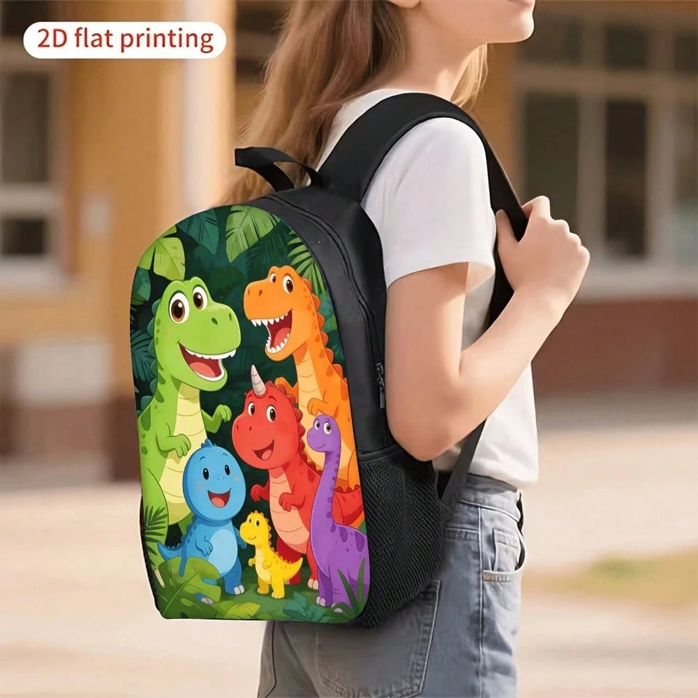 3pcs Backpack Set, Cute Cartoon Dinosaur Jungle Print, Includes Durable Large-Capacity Bookpack, Crossbody Bag & Multi-Functional Pencil Case, Adjustable Straps And Zipper Compartments