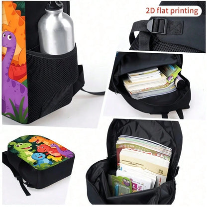 3pcs Backpack Set, Cute Cartoon Dinosaur Jungle Print, Includes Durable Large-Capacity Bookpack, Crossbody Bag & Multi-Functional Pencil Case, Adjustable Straps And Zipper Compartments