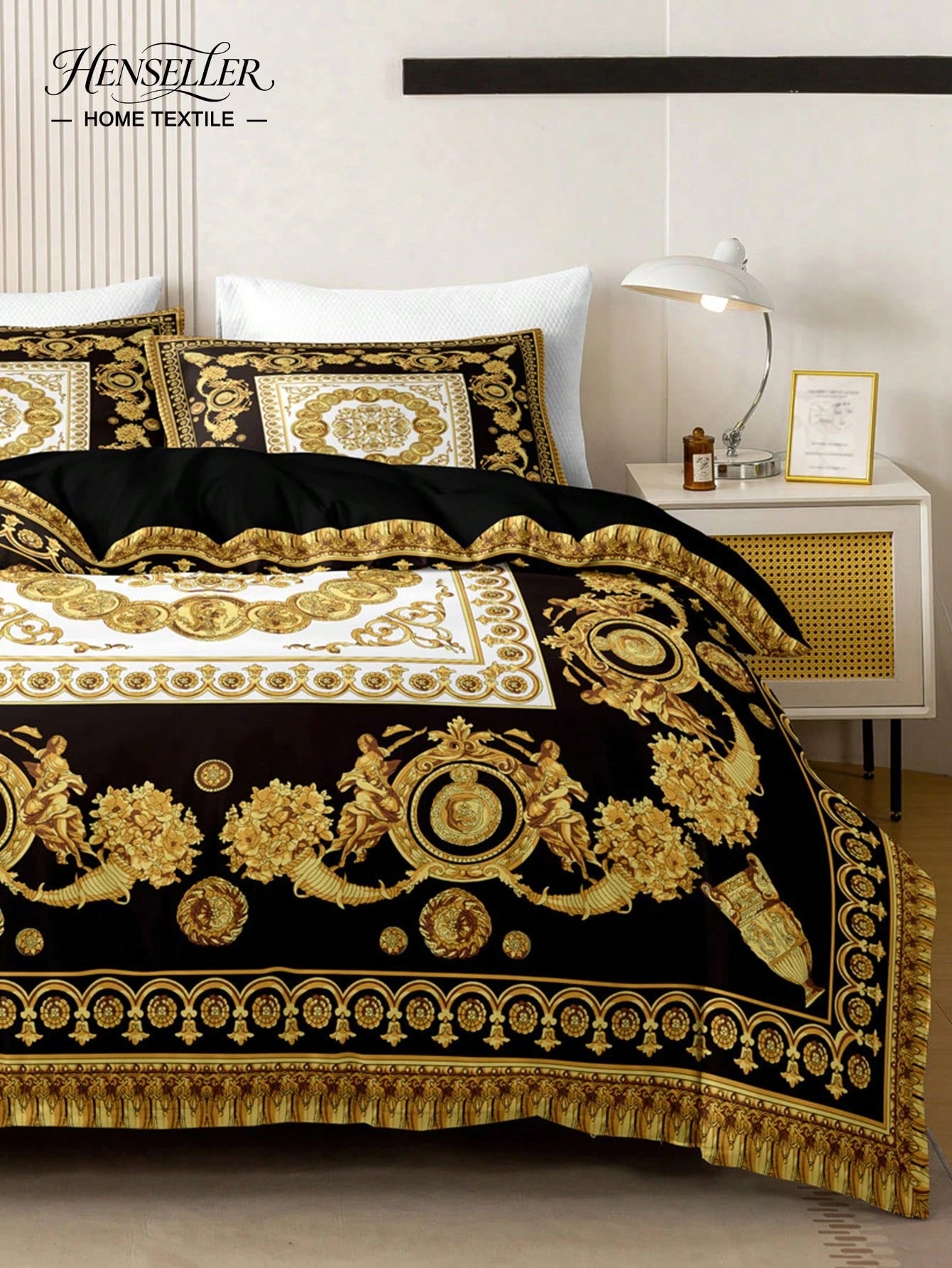 3pcs Fashionable And Luxurious Black Gold Digital Printed Down Duvet Cover Set,Soft And Breathable,All-Season Universal.Opulent Royal Vintage Aesthetic Room,Easy-Care Bedding Set Suitable For King/Que
