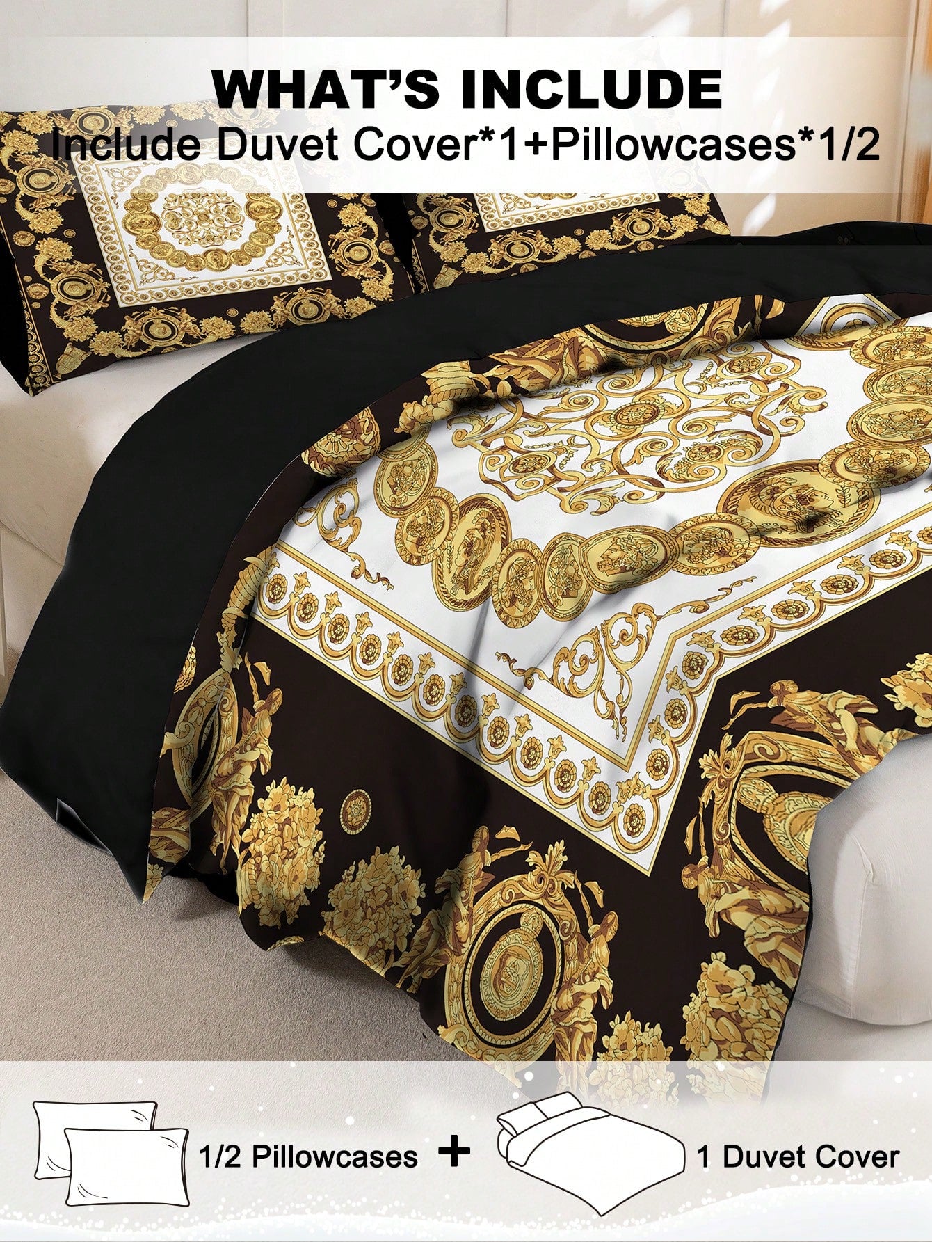 3pcs Fashionable And Luxurious Black Gold Digital Printed Down Duvet Cover Set,Soft And Breathable,All-Season Universal.Opulent Royal Vintage Aesthetic Room,Easy-Care Bedding Set Suitable For King/Que