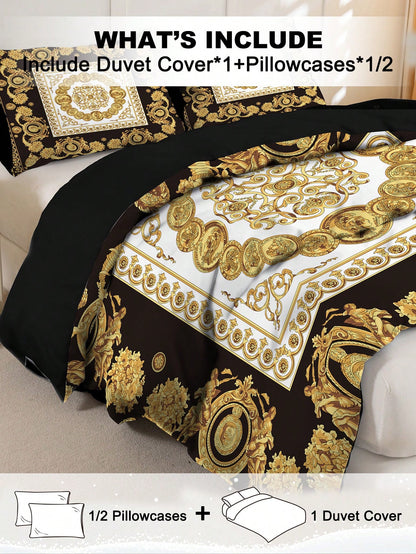 3pcs Fashionable And Luxurious Black Gold Digital Printed Down Duvet Cover Set,Soft And Breathable,All-Season Universal.Opulent Royal Vintage Aesthetic Room,Easy-Care Bedding Set Suitable For King/Que