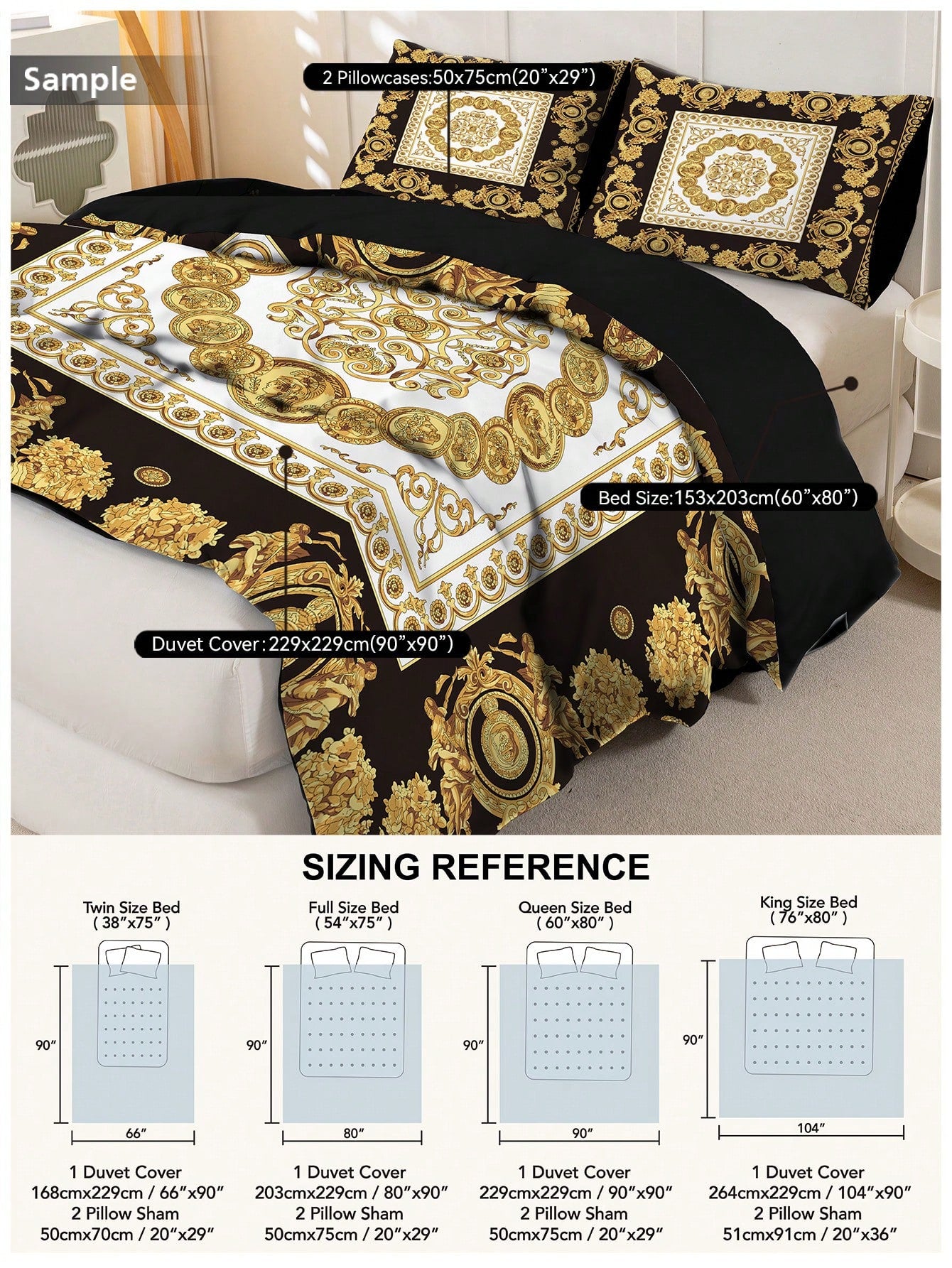 3pcs Fashionable And Luxurious Black Gold Digital Printed Down Duvet Cover Set,Soft And Breathable,All-Season Universal.Opulent Royal Vintage Aesthetic Room,Easy-Care Bedding Set Suitable For King/Que