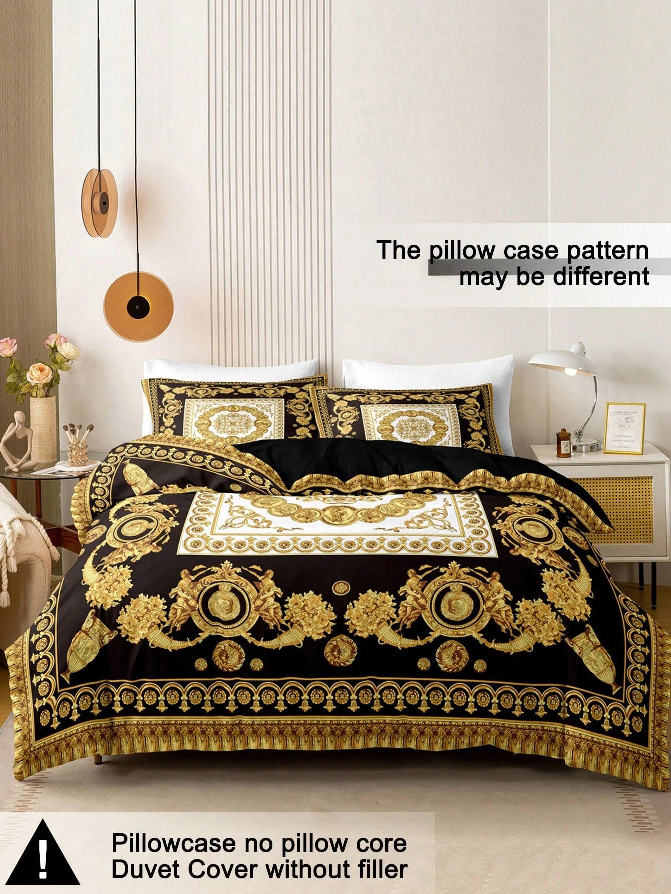 3pcs Fashionable And Luxurious Black Gold Digital Printed Down Duvet Cover Set,Soft And Breathable,All-Season Universal.Opulent Royal Vintage Aesthetic Room,Easy-Care Bedding Set Suitable For King/Que