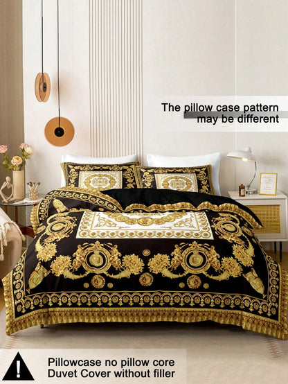 3pcs Fashionable And Luxurious Black Gold Digital Printed Down Duvet Cover Set,Soft And Breathable,All-Season Universal.Opulent Royal Vintage Aesthetic Room,Easy-Care Bedding Set Suitable For King/Que