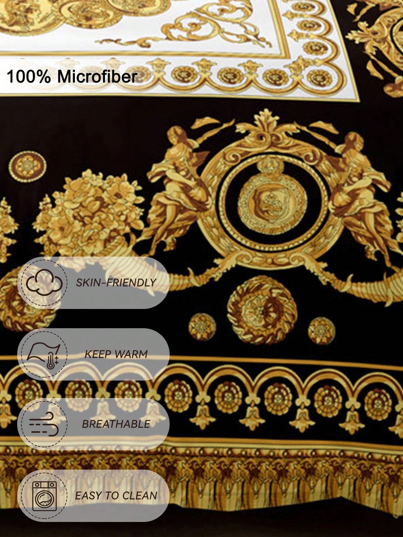 3pcs Fashionable And Luxurious Black Gold Digital Printed Down Duvet Cover Set,Soft And Breathable,All-Season Universal.Opulent Royal Vintage Aesthetic Room,Easy-Care Bedding Set Suitable For King/Que
