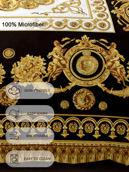 3pcs Fashionable And Luxurious Black Gold Digital Printed Down Duvet Cover Set,Soft And Breathable,All-Season Universal.Opulent Royal Vintage Aesthetic Room,Easy-Care Bedding Set Suitable For King/Que