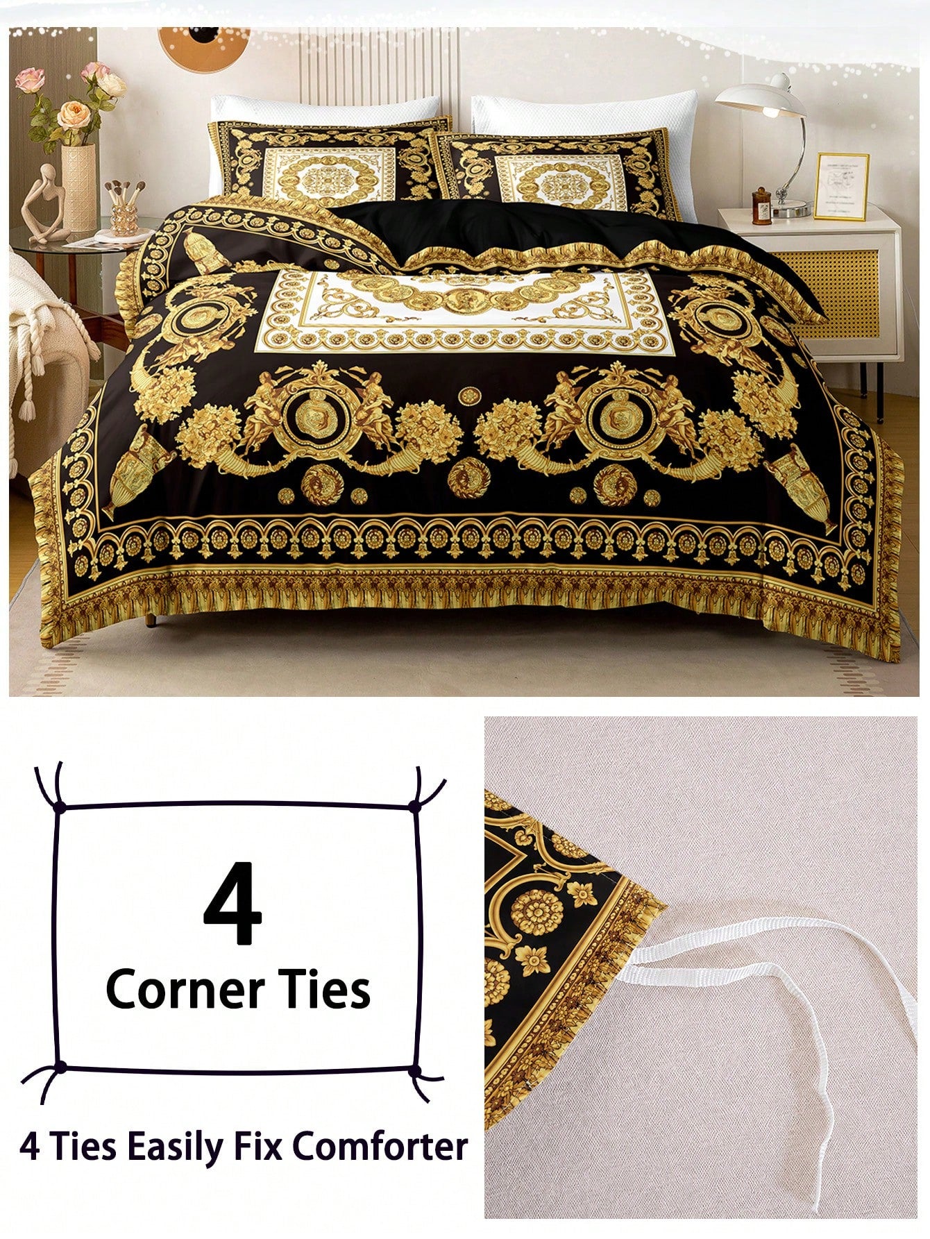 3pcs Fashionable And Luxurious Black Gold Digital Printed Down Duvet Cover Set,Soft And Breathable,All-Season Universal.Opulent Royal Vintage Aesthetic Room,Easy-Care Bedding Set Suitable For King/Que