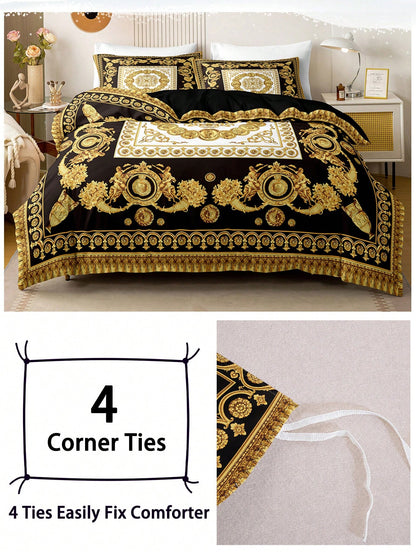 3pcs Fashionable And Luxurious Black Gold Digital Printed Down Duvet Cover Set,Soft And Breathable,All-Season Universal.Opulent Royal Vintage Aesthetic Room,Easy-Care Bedding Set Suitable For King/Que