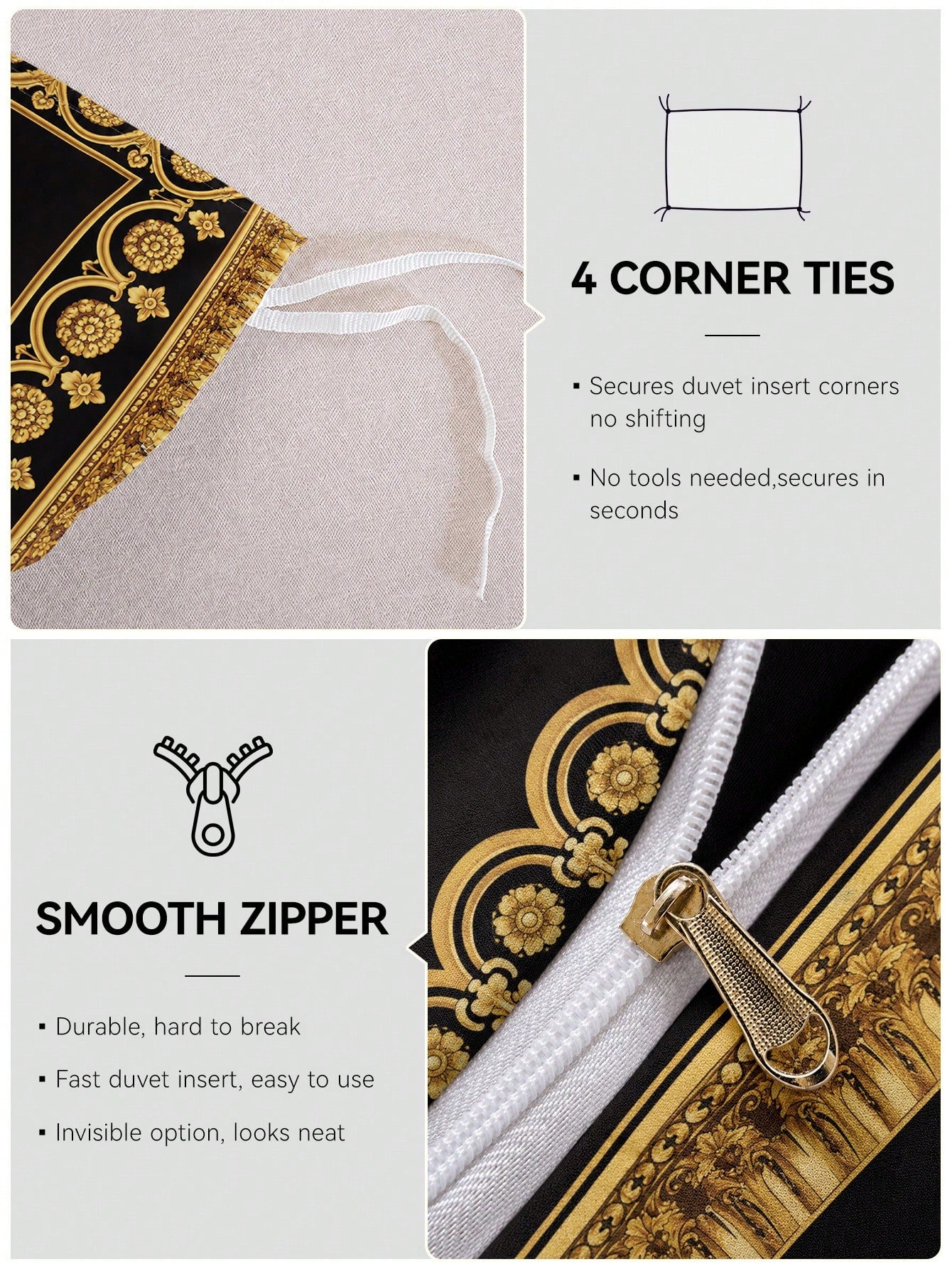 3pcs Fashionable And Luxurious Black Gold Digital Printed Down Duvet Cover Set,Soft And Breathable,All-Season Universal.Opulent Royal Vintage Aesthetic Room,Easy-Care Bedding Set Suitable For King/Que