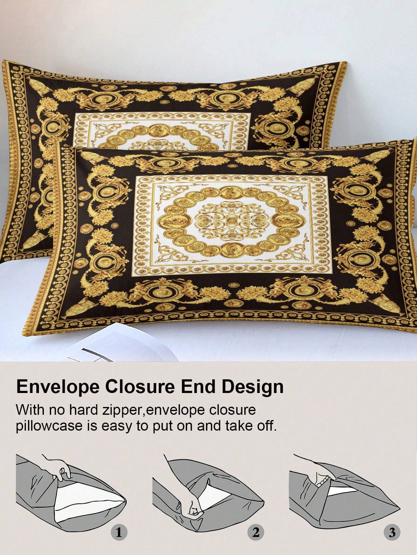 3pcs Fashionable And Luxurious Black Gold Digital Printed Down Duvet Cover Set,Soft And Breathable,All-Season Universal.Opulent Royal Vintage Aesthetic Room,Easy-Care Bedding Set Suitable For King/Que