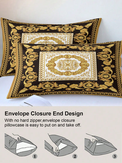 3pcs Fashionable And Luxurious Black Gold Digital Printed Down Duvet Cover Set,Soft And Breathable,All-Season Universal.Opulent Royal Vintage Aesthetic Room,Easy-Care Bedding Set Suitable For King/Que