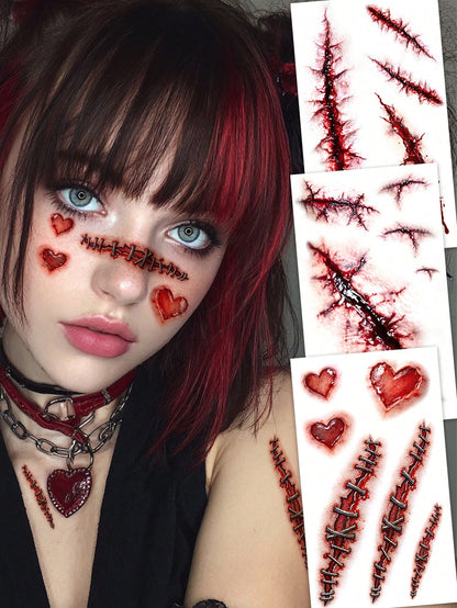 3pcs Halloween Zombie Scar Temporary Tattoos, Realistic Scar & Stitch Patterns, Easy To Use, Suitable For Men And Women Body Art And Decoration, Perfect For Party Decoration And Holiday Celebration