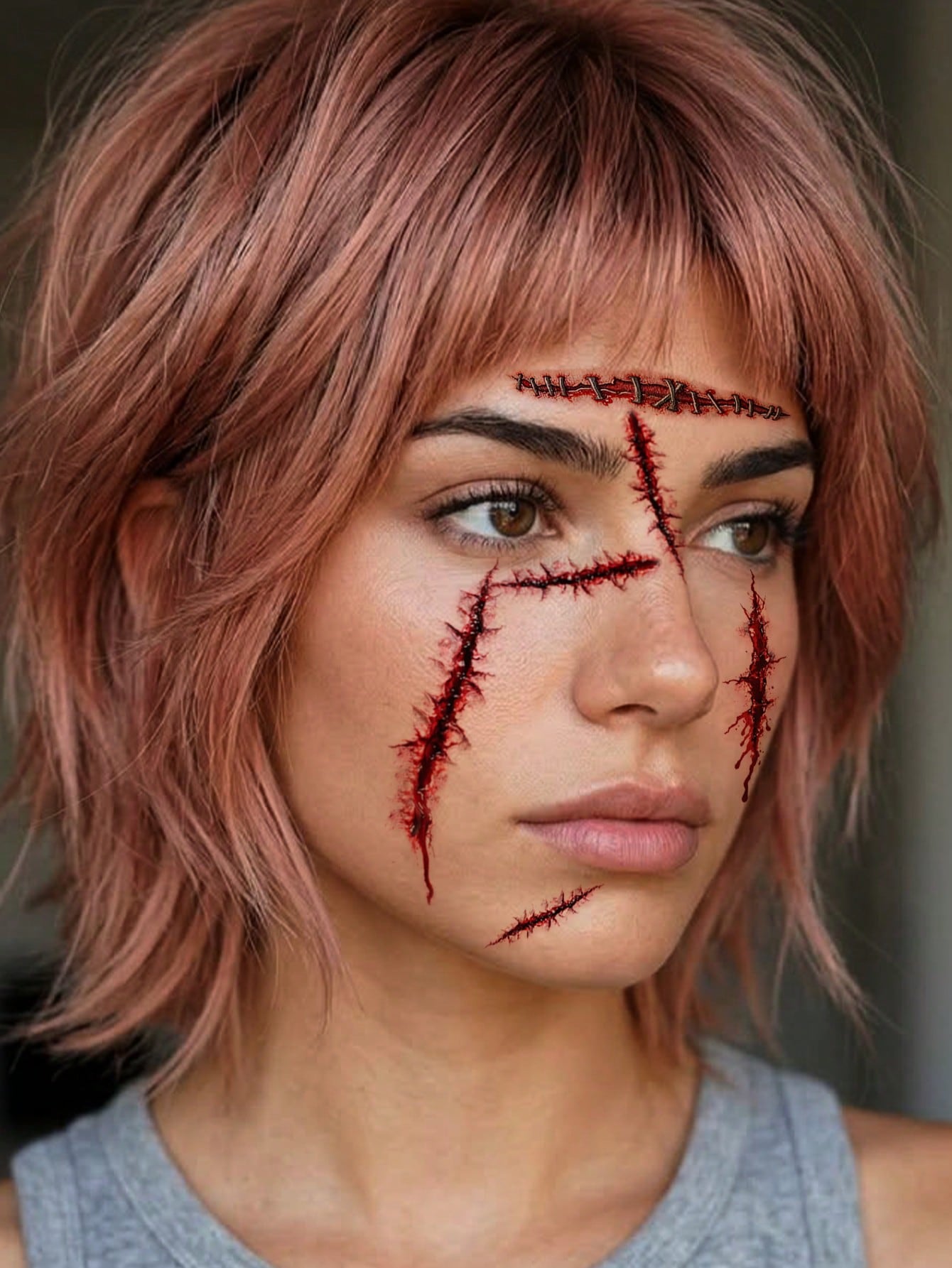 3pcs Halloween Zombie Scar Temporary Tattoos, Realistic Scar & Stitch Patterns, Easy To Use, Suitable For Men And Women Body Art And Decoration, Perfect For Party Decoration And Holiday Celebration