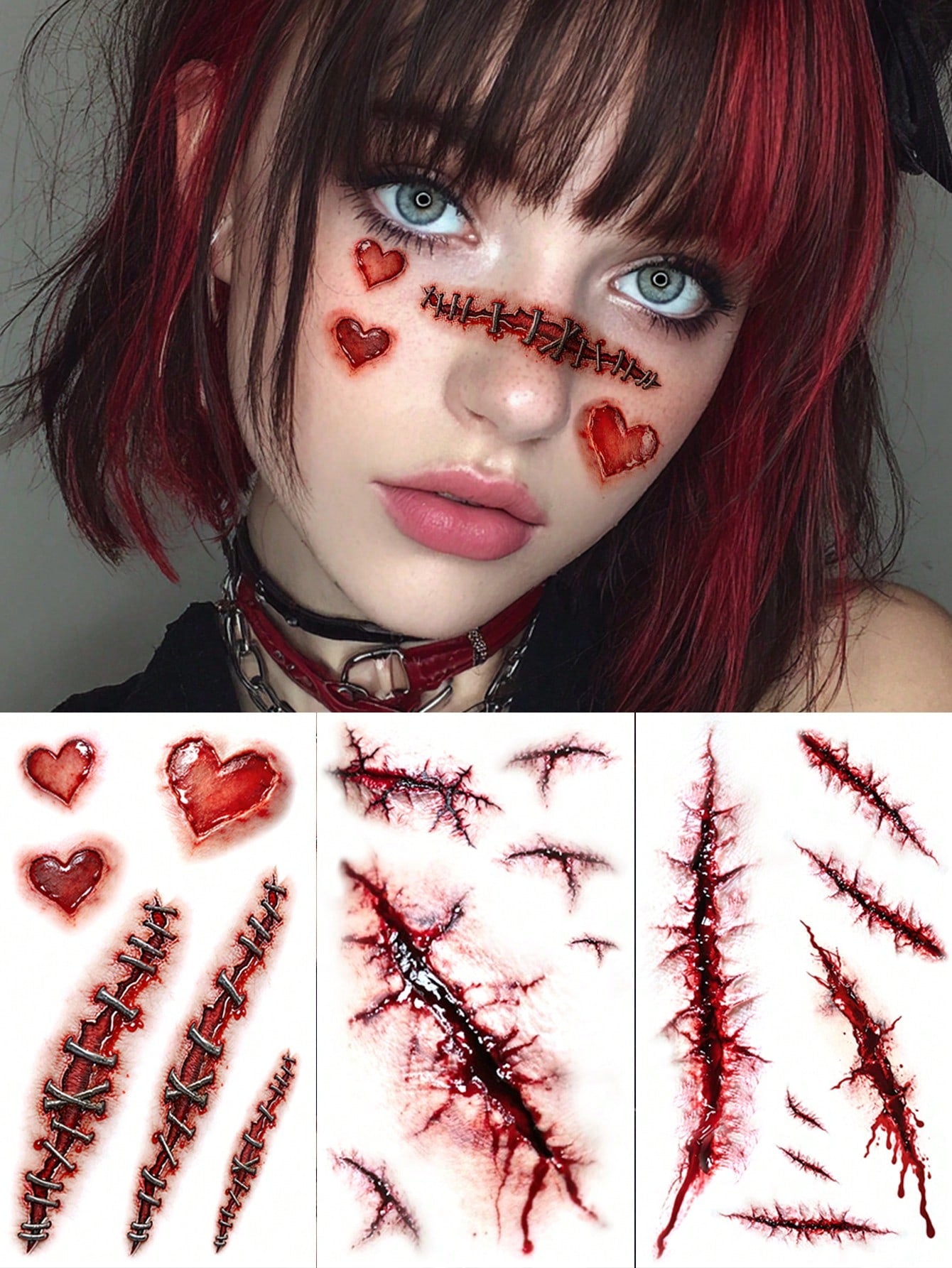 3pcs Halloween Zombie Scar Temporary Tattoos, Realistic Scar & Stitch Patterns, Easy To Use, Suitable For Men And Women Body Art And Decoration, Perfect For Party Decoration And Holiday Celebration