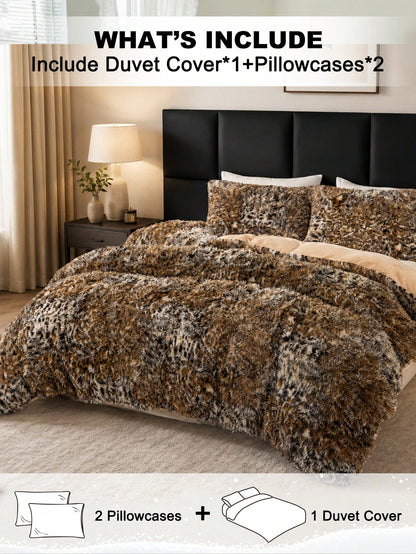 3pcs Leopard Animal Print Plush Duvet Cover Set, Soft Fluffy Shaggy Bedding Set With 2 Pillowcases, Cozy Warm Fuzzy Quilt Cover, Cute Animal Pattern Bedding For Bedroom Dorm Guest Room, King Queen Ful