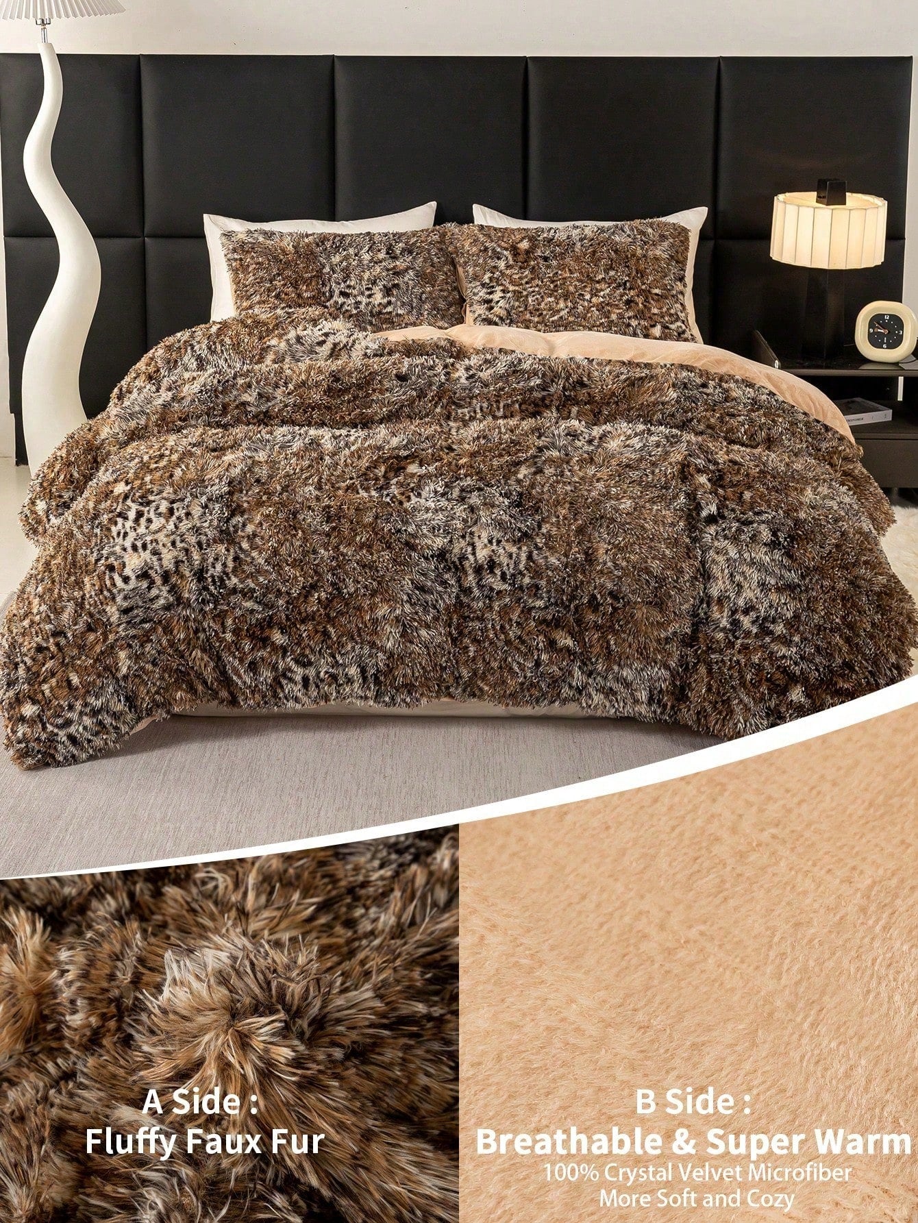 3pcs Leopard Animal Print Plush Duvet Cover Set, Soft Fluffy Shaggy Bedding Set With 2 Pillowcases, Cozy Warm Fuzzy Quilt Cover, Cute Animal Pattern Bedding For Bedroom Dorm Guest Room, King Queen Ful