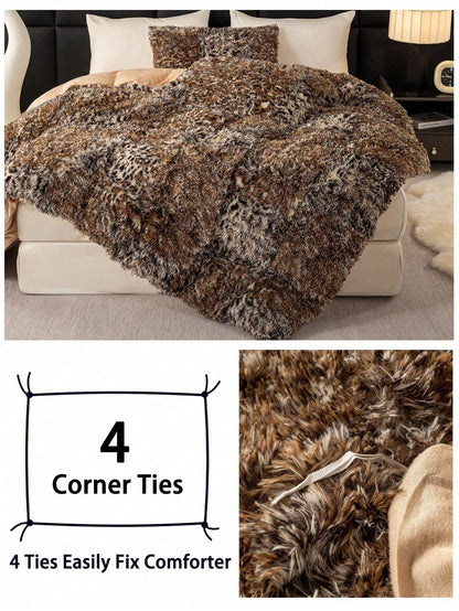 3pcs Leopard Animal Print Plush Duvet Cover Set, Soft Fluffy Shaggy Bedding Set With 2 Pillowcases, Cozy Warm Fuzzy Quilt Cover, Cute Animal Pattern Bedding For Bedroom Dorm Guest Room, King Queen Ful