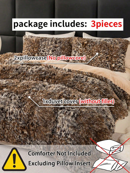 3pcs Leopard Animal Print Plush Duvet Cover Set, Soft Fluffy Shaggy Bedding Set With 2 Pillowcases, Cozy Warm Fuzzy Quilt Cover, Cute Animal Pattern Bedding For Bedroom Dorm Guest Room, King Queen Ful