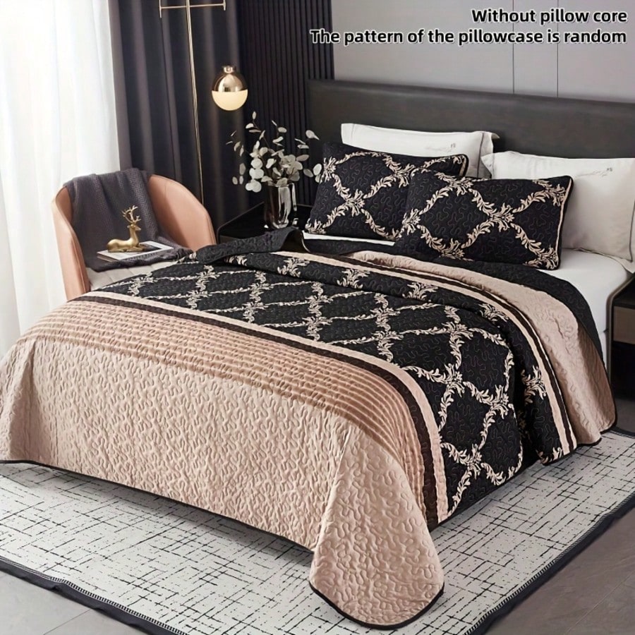3pcs Light Luxury Simple Quilted Bed Cover Set, Palace Style Printed Pattern, Foldable, Includes 1 Bed Cover And 2 Pillowcases, Machine Washable, Comfortable For All Seasons, Soft, Breathable And Comf